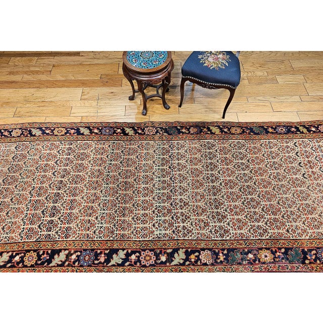 Textile 19th Century Persian Bidjar Wide Runner, Hand-Knotted Wool, Allover Paisley Pattern, Ivory & Navy, 4x14 For Sale - Image 7 of 18