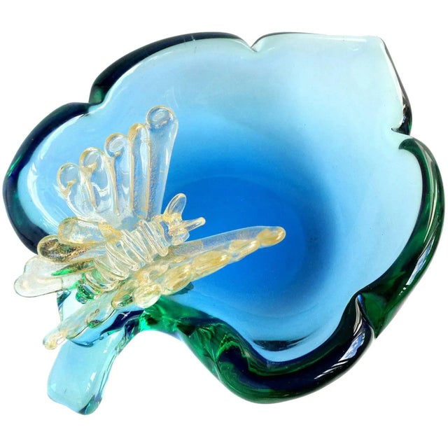 Vintage Murano Sommerso Blue Gold Flecks Butterfly Italian Art Glass Decorative Leaf Shape Bowl For Sale In Orlando - Image 6 of 6