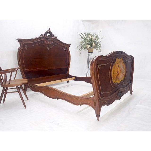 Wood Hand Paint Decorated Plaque Carved Walnut Queen Size French Bed Headboard Rails For Sale - Image 7 of 12