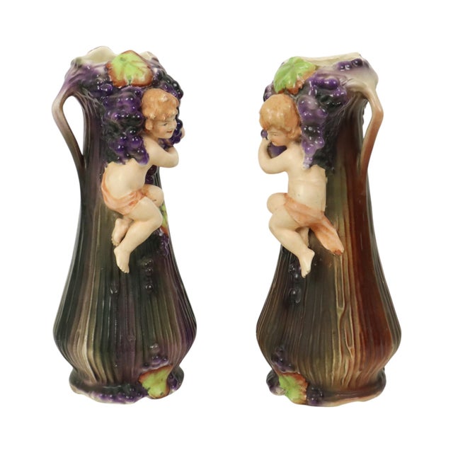 Art Nouveau Amphora Style Pottery Vases with Putti, 1890s, Set of 2 For Sale - Image 12 of 17