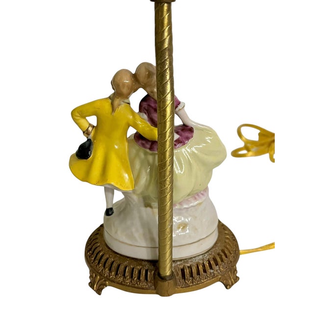 Vintage French Porcelain Courting Couple Boudoir Table Lamps With Ormolu Bases – Rococo Style - a Pair For Sale - Image 11 of 16