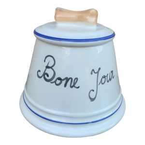 Late 20th Century White Porcelain French Dog Treat Lidded Container "Bone Jour"