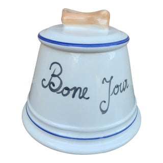 Vintage French “Bone Jour” Blue and White Porcelain Dog Treat Jar For Sale