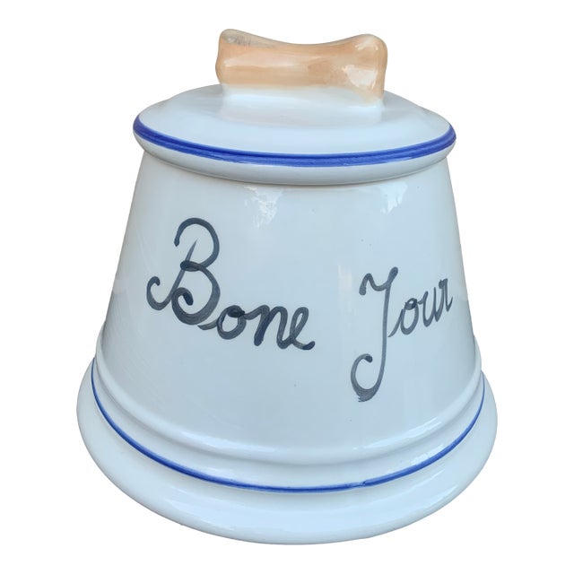 Vintage French “Bone Jour” Blue and White Porcelain Dog Treat Jar For Sale