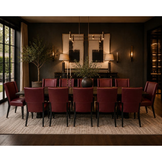 An elegant and substantial set of ten Joseph Jeup dining chairs upholstered in rich oxblood leather with sleek dark wood...