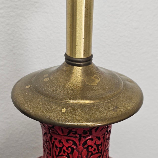 Mid 20th Century Mid-Century Chinese Hand-Carved Cinnabar Lacquer Table Lamps, Pair For Sale - Image 9 of 18