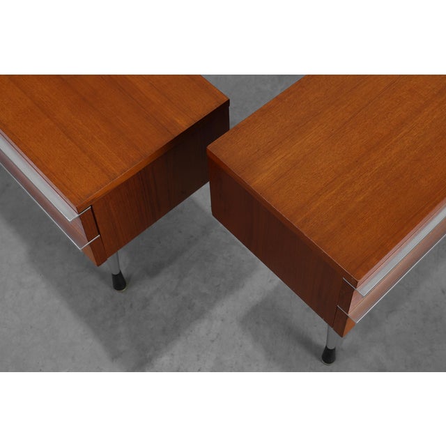 Mid-Century Modern French Nightstands in Teal Veneer and Chrome, 1960s, Set of 2 For Sale - Image 12 of 13