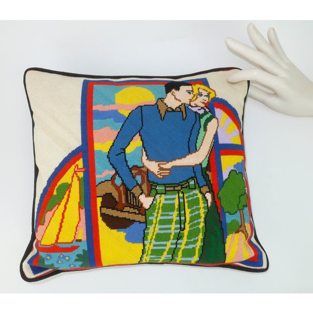 Retro Couple Sporty Scene Needlepoint Pillow, c.1970 For Sale - Image 10 of 10