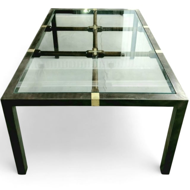 Metal Mid-Century Hollywood Regency Brushed Metal W/Brass Accents and Glass Top on Wood Grid Dining Table For Sale - Image 7 of 12