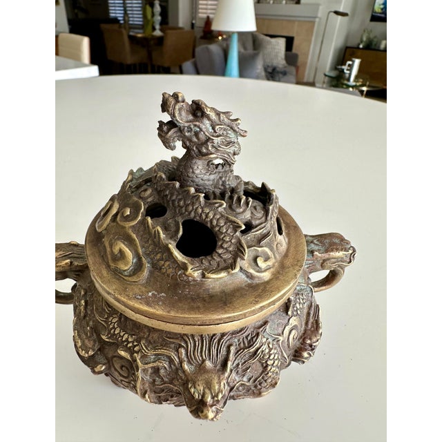Early 20th Century Antique Chinese Ming-Style Brass Dragon Incense Burner Sculpture For Sale - Image 5 of 17