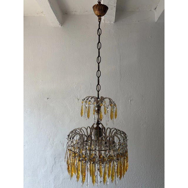 Italian Micro-Beaded Tiered Yellow Crystal Prisms Chandelier C 1920 Amber For Sale - Image 12 of 12