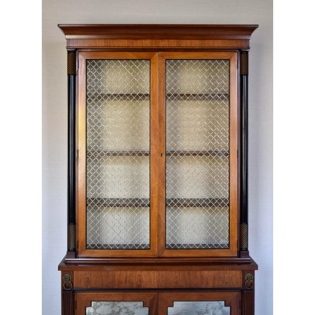 Neoclassical English Regency Mahogany Bookcase China Cabinet With Brass Lattice Doors For Sale - Image 3 of 12