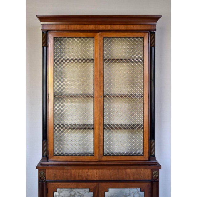 Neoclassical Mahogany Bookcase Cabinet Vitrine With Brass Lattice Doors For Sale - Image 3 of 12