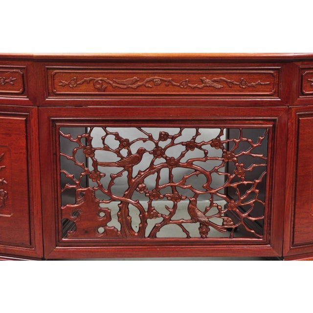 Chinoiserie Vintage Chinese Bird Carved Hardwood Kneehole Writing Desk With Decorated Back For Sale - Image 3 of 18