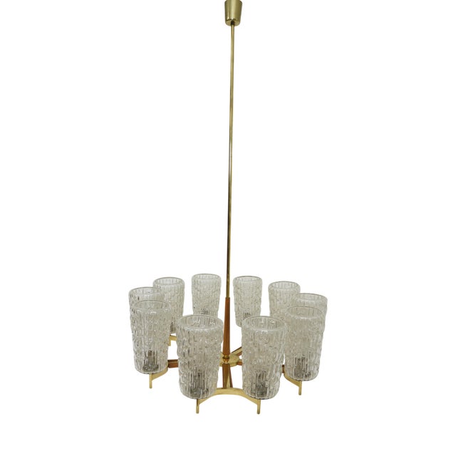 Large Mid-Century Teak and Brass Chandelier by Rupert Nikoll, 1960s For Sale