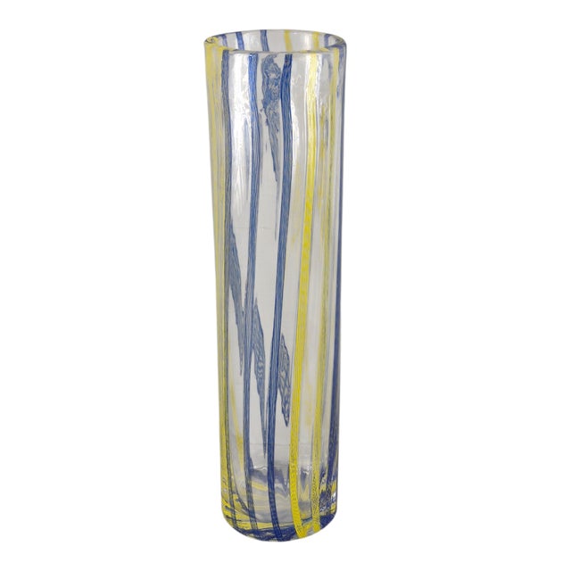 Blue Vintage Attributed Murano Art Glass Striped Ribbon Motif Cylindrical Tube Vase For Sale - Image 8 of 8