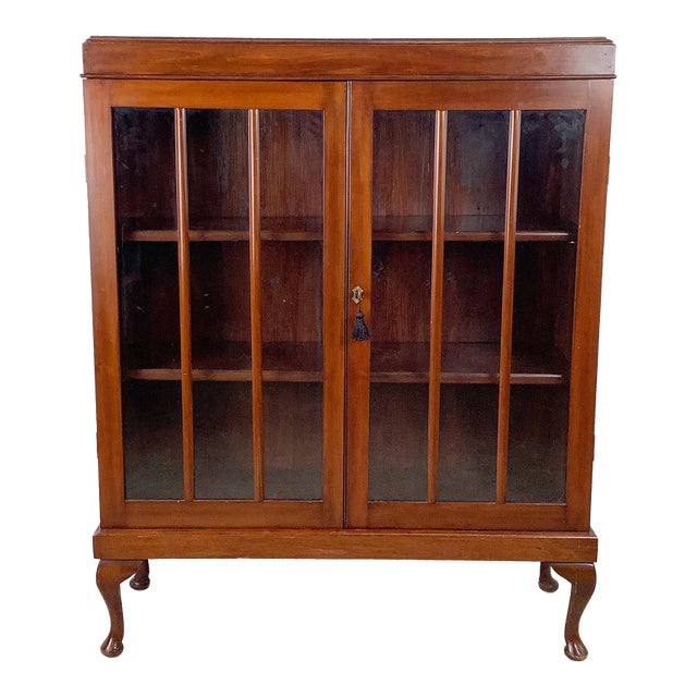 Antique Glazed Bookcase With Paneled Glass Doors and Queen Anne Legs For Sale