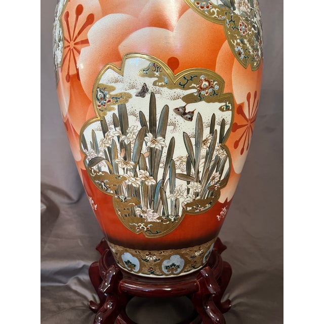 1900 - 1909 Antique Japanese Meiji Period Satsuma Floor Vase on Stand, Hand Painted Bird Panels, 21” For Sale - Image 5 of 11