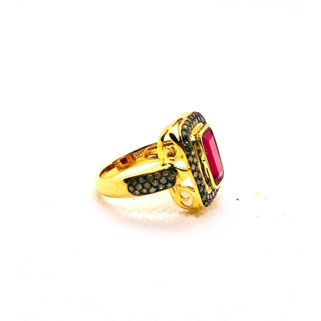 Ruby Red Bochic “Capri” Vintage Ruby & Natural Diamonds Ring Set In 18K Gold & Silver For Sale - Image 8 of 10