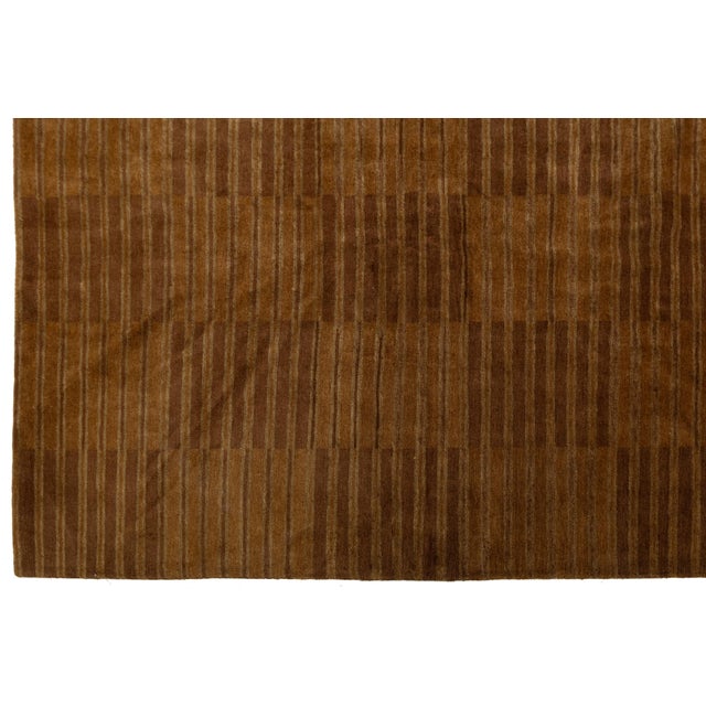 Textile Modern Nepalese Tibetan Wool & Silk Rug With Minimalist Brown Stripes Design For Sale - Image 7 of 9