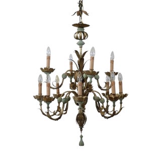 Chandelier in Iron, Brass and Lacquered Wood, 20th Century For Sale