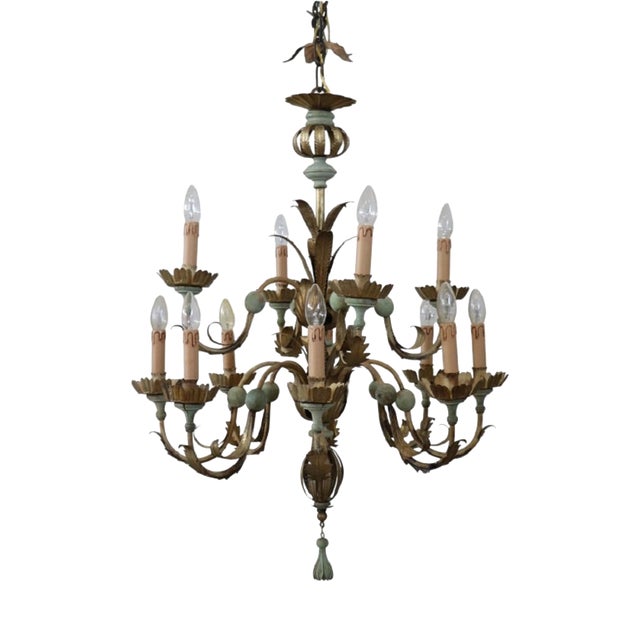 Chandelier in Iron, Brass and Lacquered Wood, 20th Century For Sale