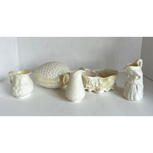 White Vintage Belleek Ireland Porcelain Creamer Yellow Handle Basketweave Pattern For Sale - Image 8 of 8