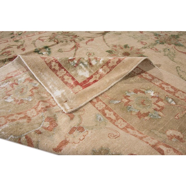 Persian 1950s Vintage Persian Distressed Tabriz Handmade Taupe Floral Wool Rug For Sale - Image 3 of 8