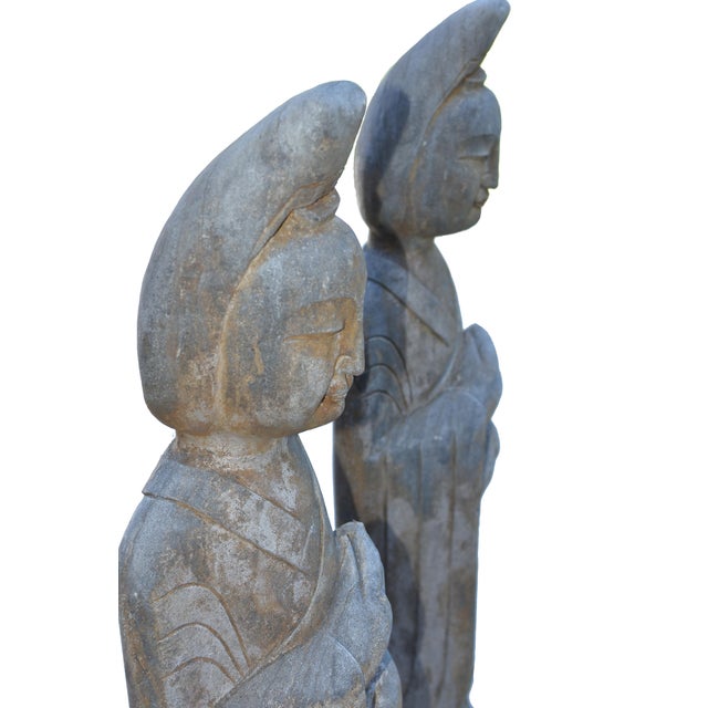 Pair Monumental Antique 48" Solid Stone Chinese Court Lady Figure Statues Tang Style For Sale - Image 14 of 18