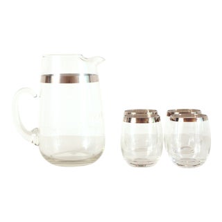 Mid Century Modern Dorothy Thorpe Silver Rimmed Glass Pitcher & Glasses - Set of 5 For Sale