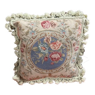 1990s Imperial Elegance Needle Point Throw Pillow With Tassels Pinks and Plus Floral Design For Sale