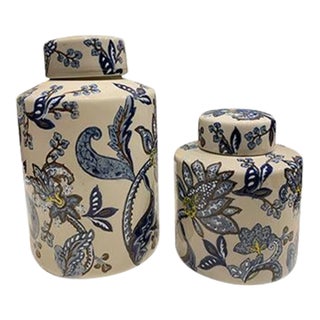 2000s Asian Navy & Taupe Vase Set For Sale