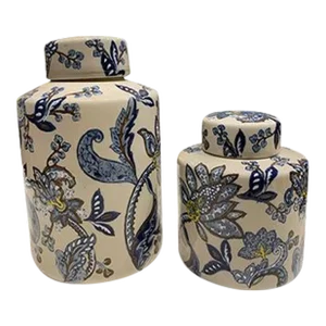 2000s Asian Navy & Taupe Vase Set