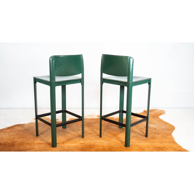 1980s Mid-Century Matteo Grassi Green Saddle Leather Sistina Counter Stools - A Pair For Sale - Image 11 of 16