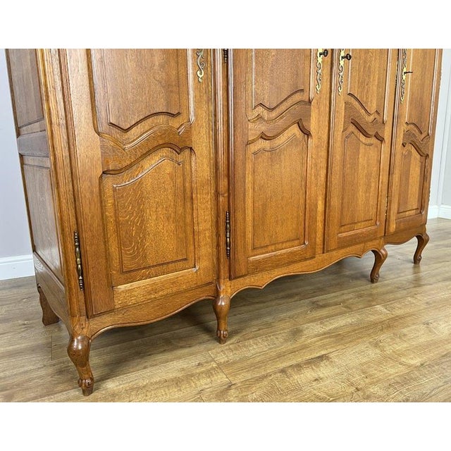 Brown Vintage French Louis XVI Style Carved Oak 4-Door Wardrobe For Sale - Image 8 of 12