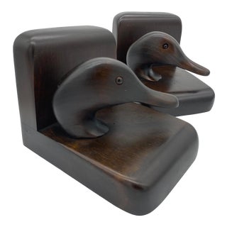 Vintage Hand Carved Wooden Duck Bookends - a Pair For Sale