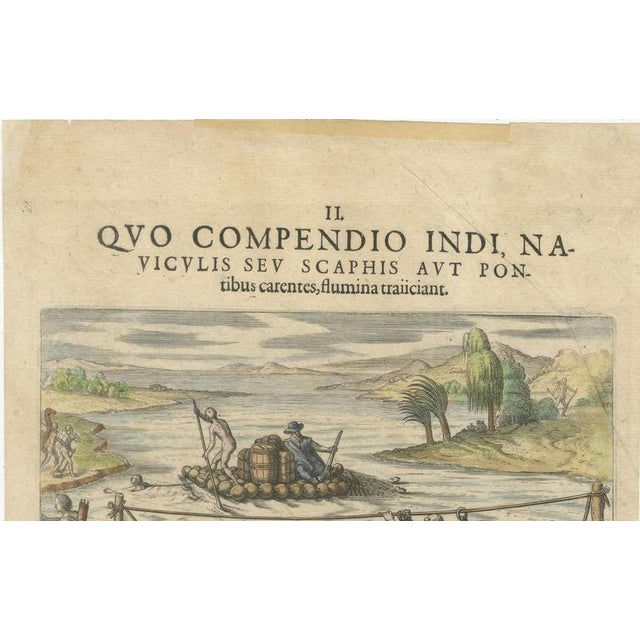 America – Indians Crossing a River, Rafts and Canoes – De Bry, Latin Edition c.1594–1596 This finely engraved and hand-...