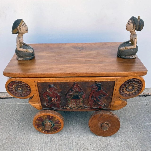 Indonesian Folk Art Painted Teak Figural Wheeled Cart Chairish