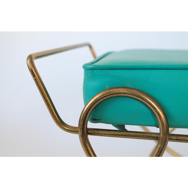 Metal Mid-Century Brass Vanity Seat Bench W/ Turquoise Seat Cushion For Sale - Image 7 of 11