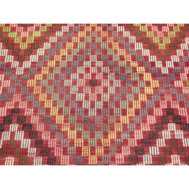 1960s Pink Embroidered Geometric Design Tribal Vintage Kilim - 67"x111" For Sale In Raleigh - Image 6 of 11
