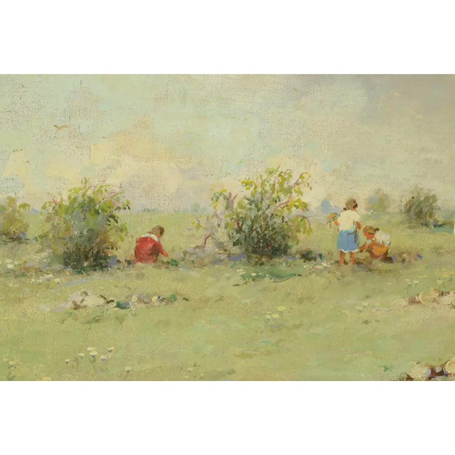 Contemporary 1950s Original Mid-Century Children in a Field Acrylic Painting on Stretched Canvas Anco Bilt 20 Signed For Sale - Image 3 of 9