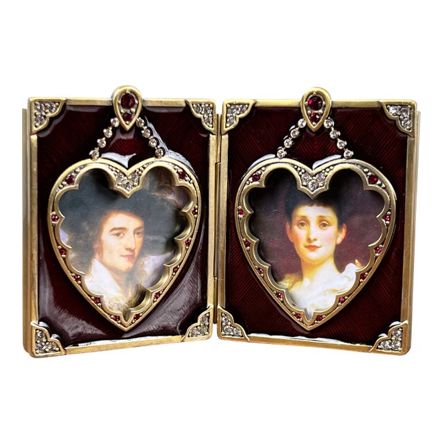 New in Box Jay Strongwater Bejeweled Enamel Double Heart Picture Frame For Sale