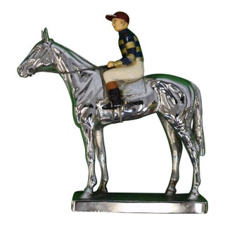 Late 20th Century Louis Lejeune Ltd. Windsor, Standing Thoroughbred With Jockey Large Chrome Car Mascot With Hand-Enamel Painted Jockey Silk Colours For Sale