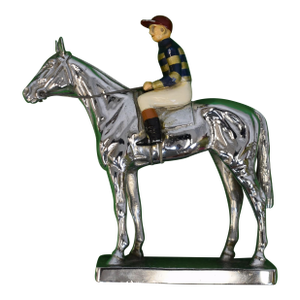Late 20th Century Louis Lejeune Ltd. Windsor, Standing Thoroughbred With Jockey Large Chrome Car Mascot With Hand-Enamel Painted Jockey Silk Colours