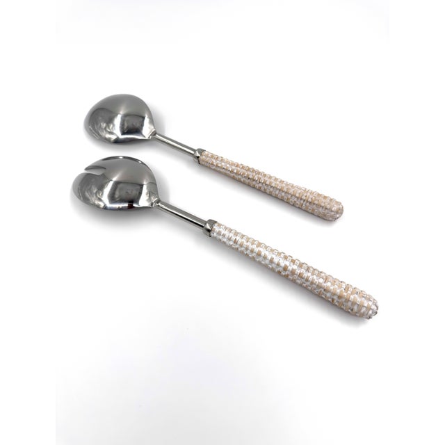 Contemporary Handmade Stainless Steel & Rattan Woven Handle Salad Server Set, Handcrafted in India - 2 pcs For Sale - Image 3 of 8
