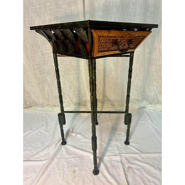 Vintage Burnt Bamboo and Rattan Side Table With Verdigris Faux Bamboo Foldable Metal Stand For Sale - Image 4 of 8