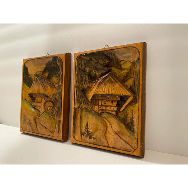 Vintage German Black Forest Wood Carved Cottage & Landscape Wall Art - Set of 2 For Sale - Image 4 of 7
