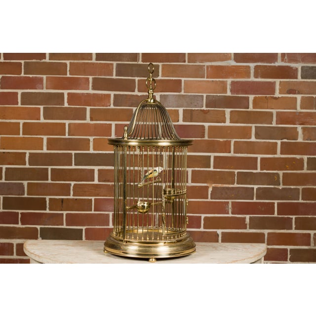 French Midcentury Brass Circular Birdcage with Decorative Bird For Sale - Image 10 of 11