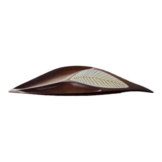 Emil Milan Sculptural Bissilon Mahogany Leaf Shaped Vessel With Ceramic Inlay, 1960s For Sale