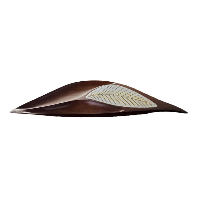 Emil Milan Sculptural Bissilon Mahogany Leaf Shaped Vessel With Ceramic Inlay, 1960s For Sale